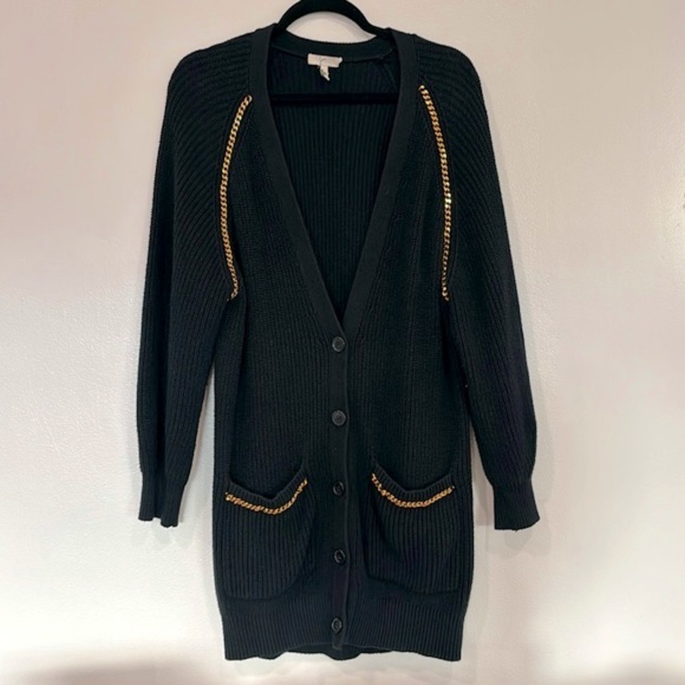 Joie Marleny long cardigan sweater. Black w/gold chain accents.